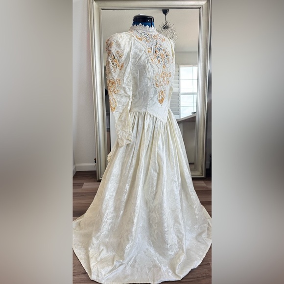 Vintage 90s Jessica McClintock Beaded Sequin Brocade Victorian Wedding Dress